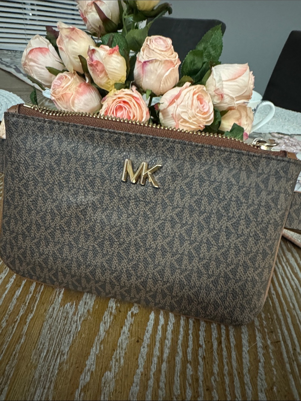 Michael Kors Brown Monogram MK Zip Pouch with Gold Hardware